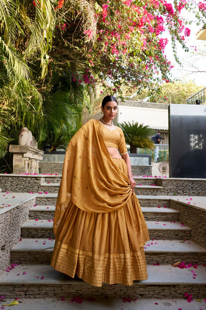 Pure Chanderi Mustard Yellow Chaniya Choli for Navratri with Zari Weaving Border & Sequins Dupatta