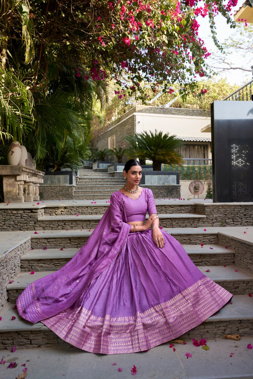 Pure Chanderi Lavender Chaniya Choli for Navratri with Zari Weaving Border & Sequins Dupatta