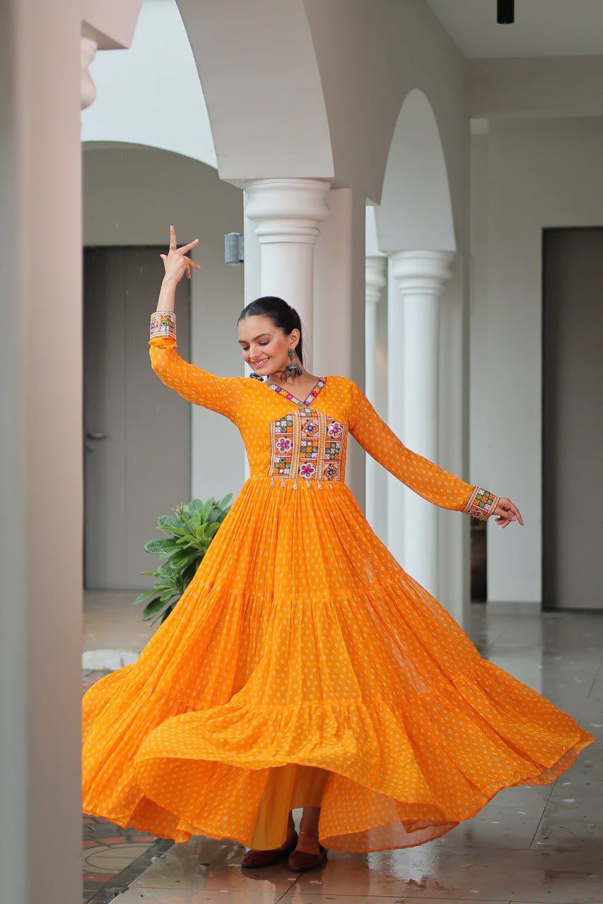 Bandhani Print Kutchi Work Navratri Gown