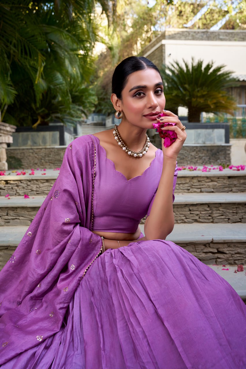 Pure Chanderi Lavender Chaniya Choli for Navratri with Zari Weaving Border & Sequins Dupatta