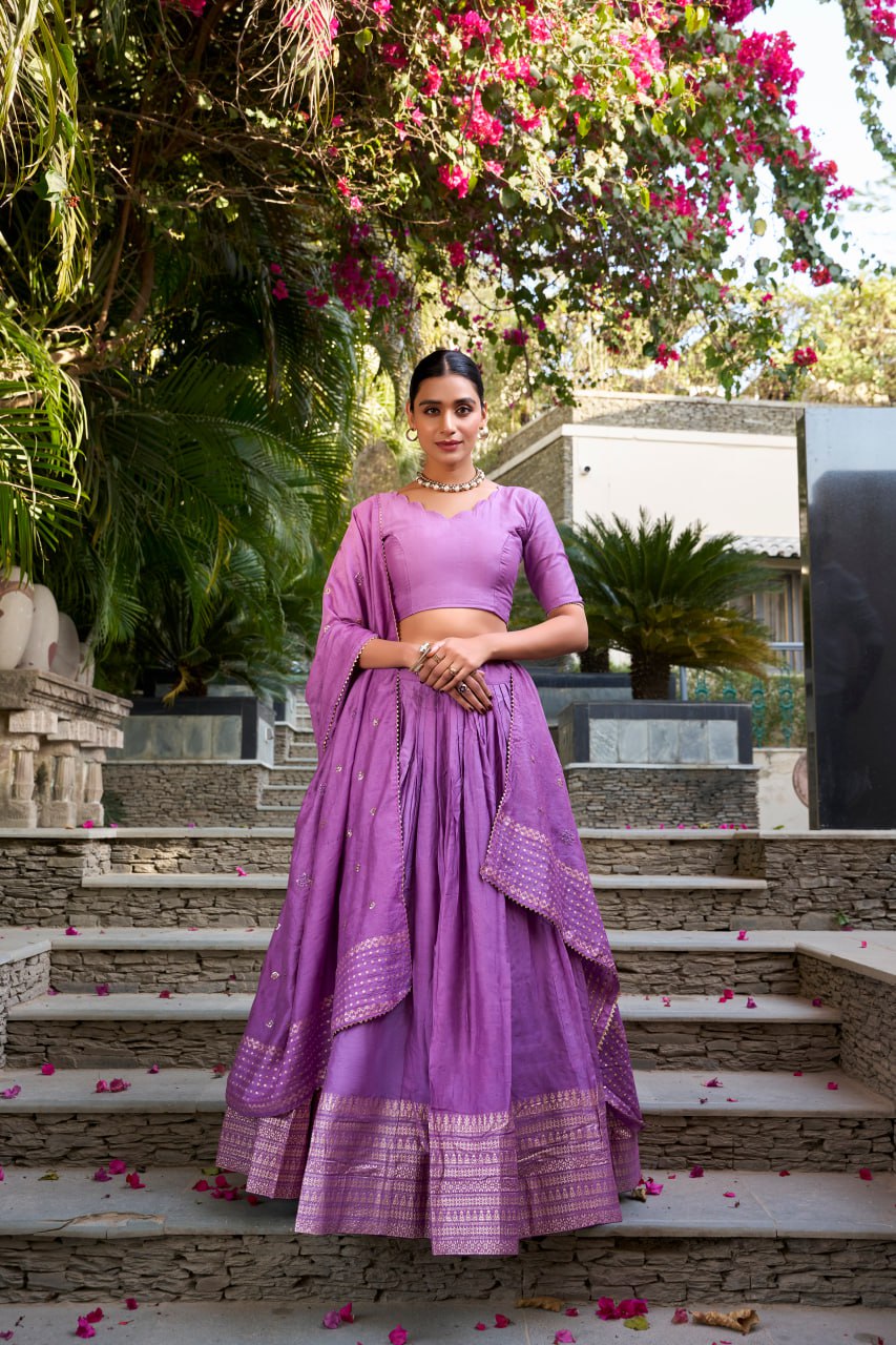 Pure Chanderi Lavender Chaniya Choli for Navratri with Zari Weaving Border & Sequins Dupatta