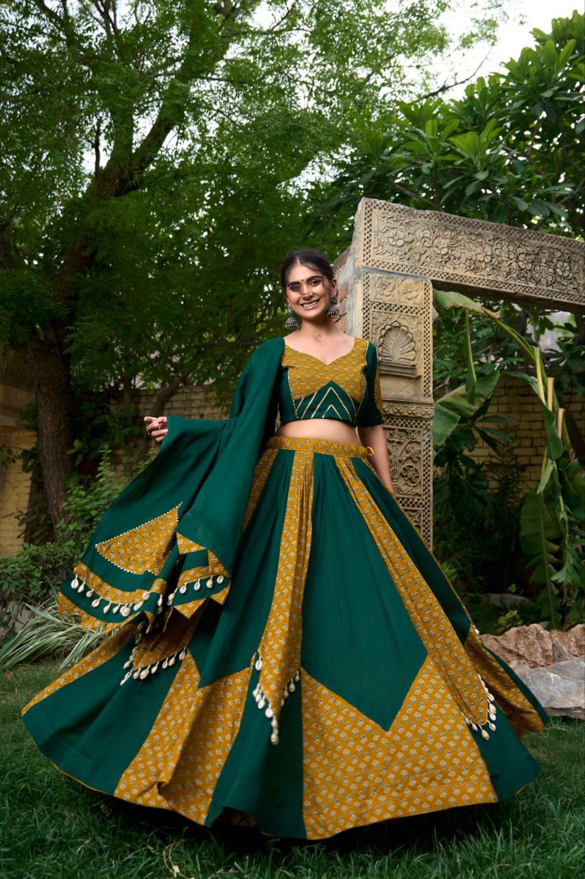 Cotton Chaniya Choli, Navratri Lehenga 2025, Mustard Green Lehenga, Cowrie Lace Choli, Printed Cotton Lehenga, Gota Patti Choli, Traditional Indian Wear, Dandiya Night Outfit, Festive Cotton Lehenga, Kodi Work Chaniya Choli