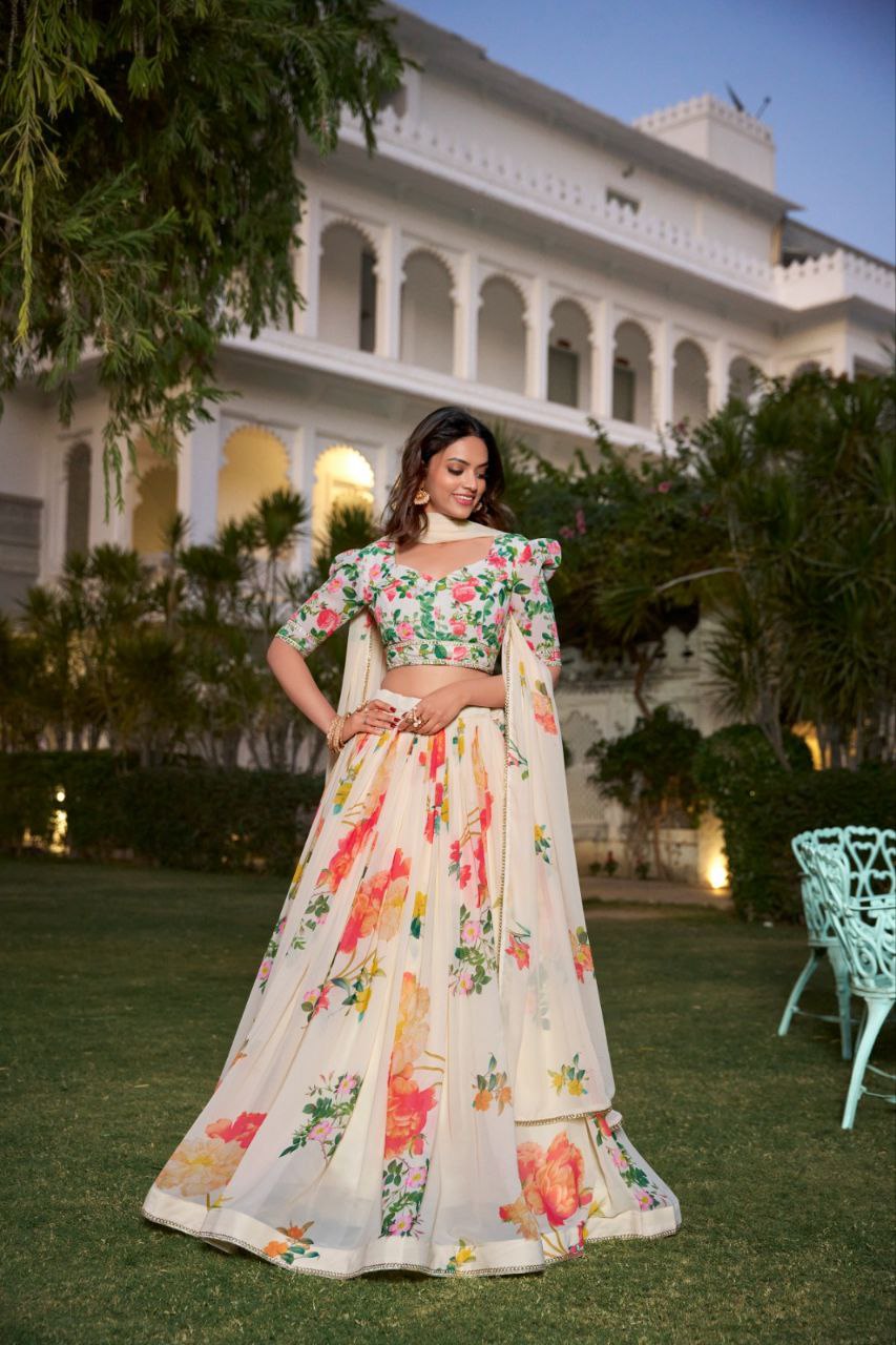 Floral Georgette Lehenga, Summer Lehenga Choli, Printed Lehenga for Women, Daytime Ethnic Wear, Lace Border Dupatta, Haldi Mehndi Outfit, Lightweight Festive Wear, Lehenga Choli 1021, Georgette Printed Lehenga, Ethnic Set for Spring Festivals