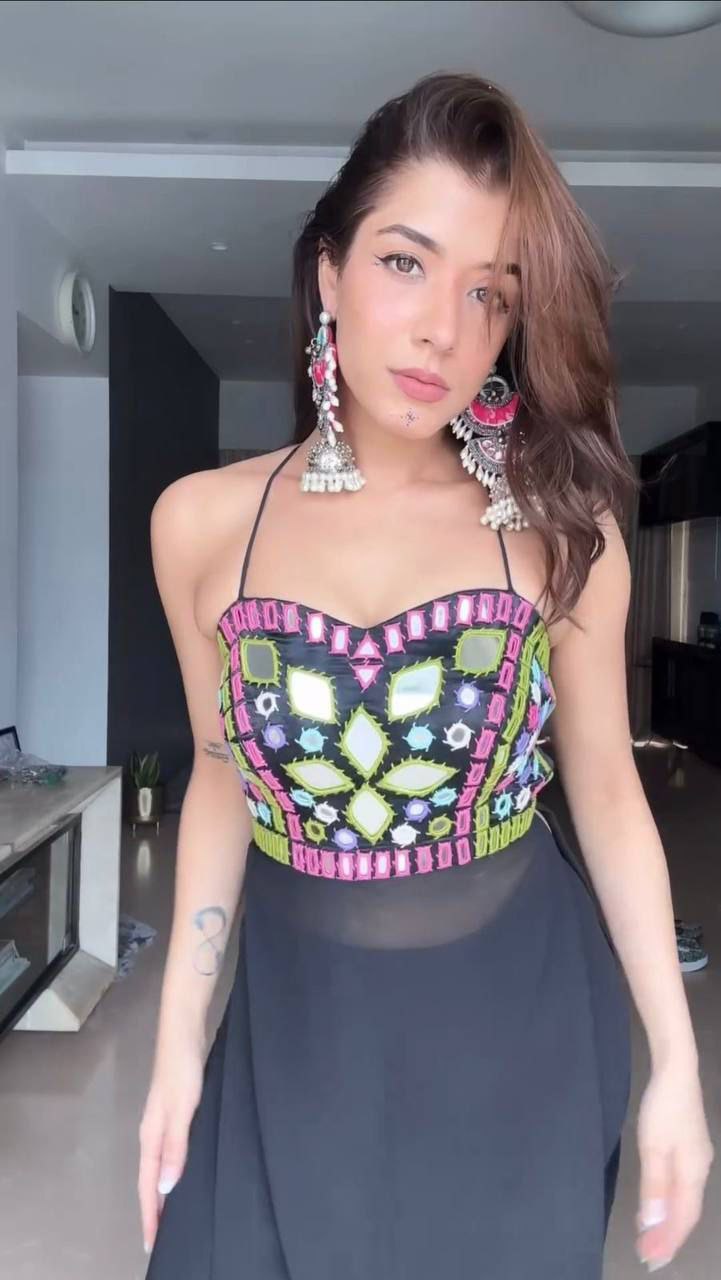 Faux Georgette Mirror Work Top Set with Printed Dupatta