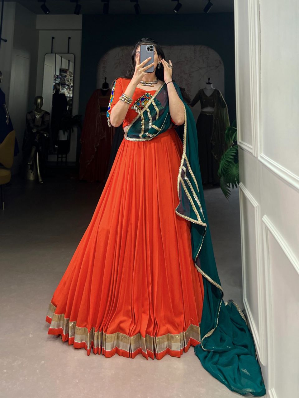 Navratri Collection 2025, Mirror Work Lehenga, Gamthi Work Blouse, Rayon Lehenga Choli, Kodi Lace Lehenga, Festival Lehenga 2025, Traditional Garba Outfit, 8 Meter Flair Lehenga, Cowrie Lace Choli, Ethnic Wear for Women, Dandiya Night Outfit, Indian Festive Wear, Embossed Rayon Lehenga