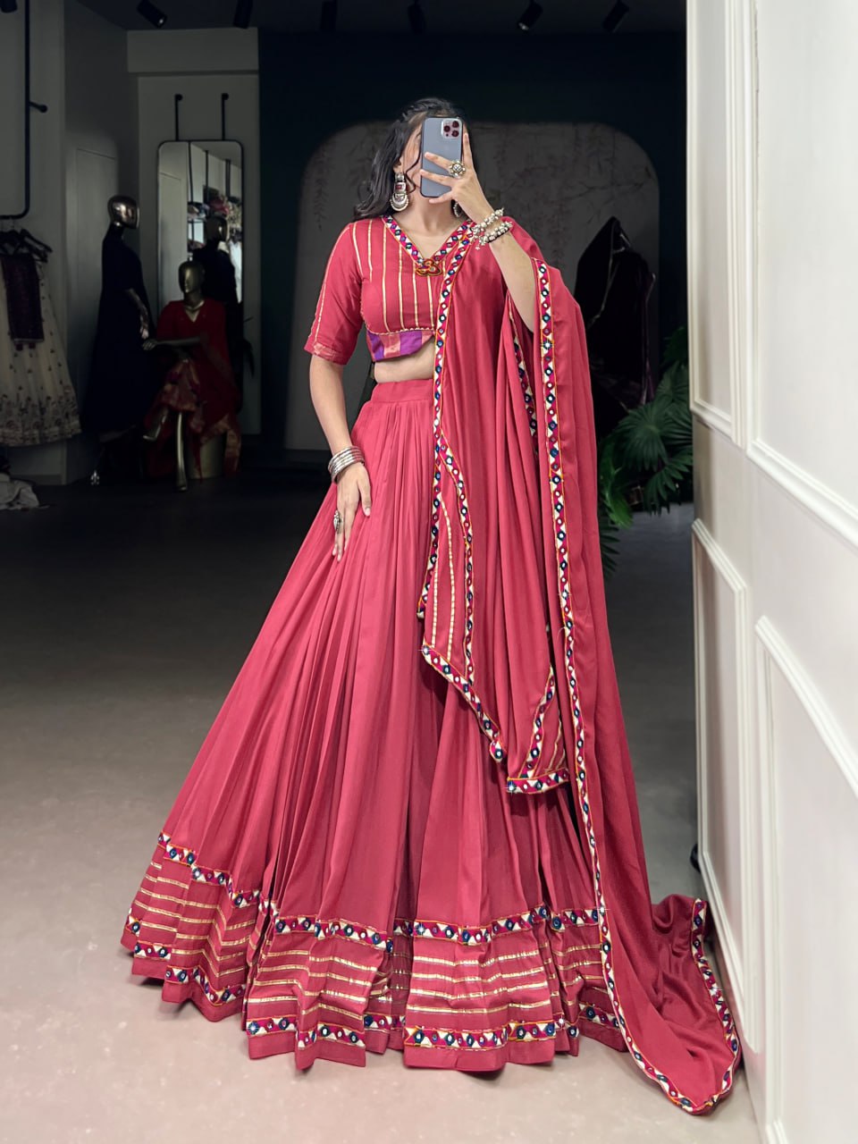 Light Pink Rayon Original Mirror Work Gamthi Lehenga Choli