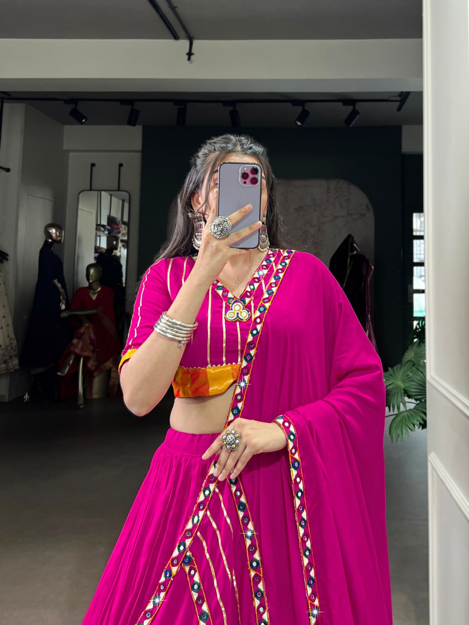 Pink Rayon Original Mirror Work Gamthi Lehenga Choli