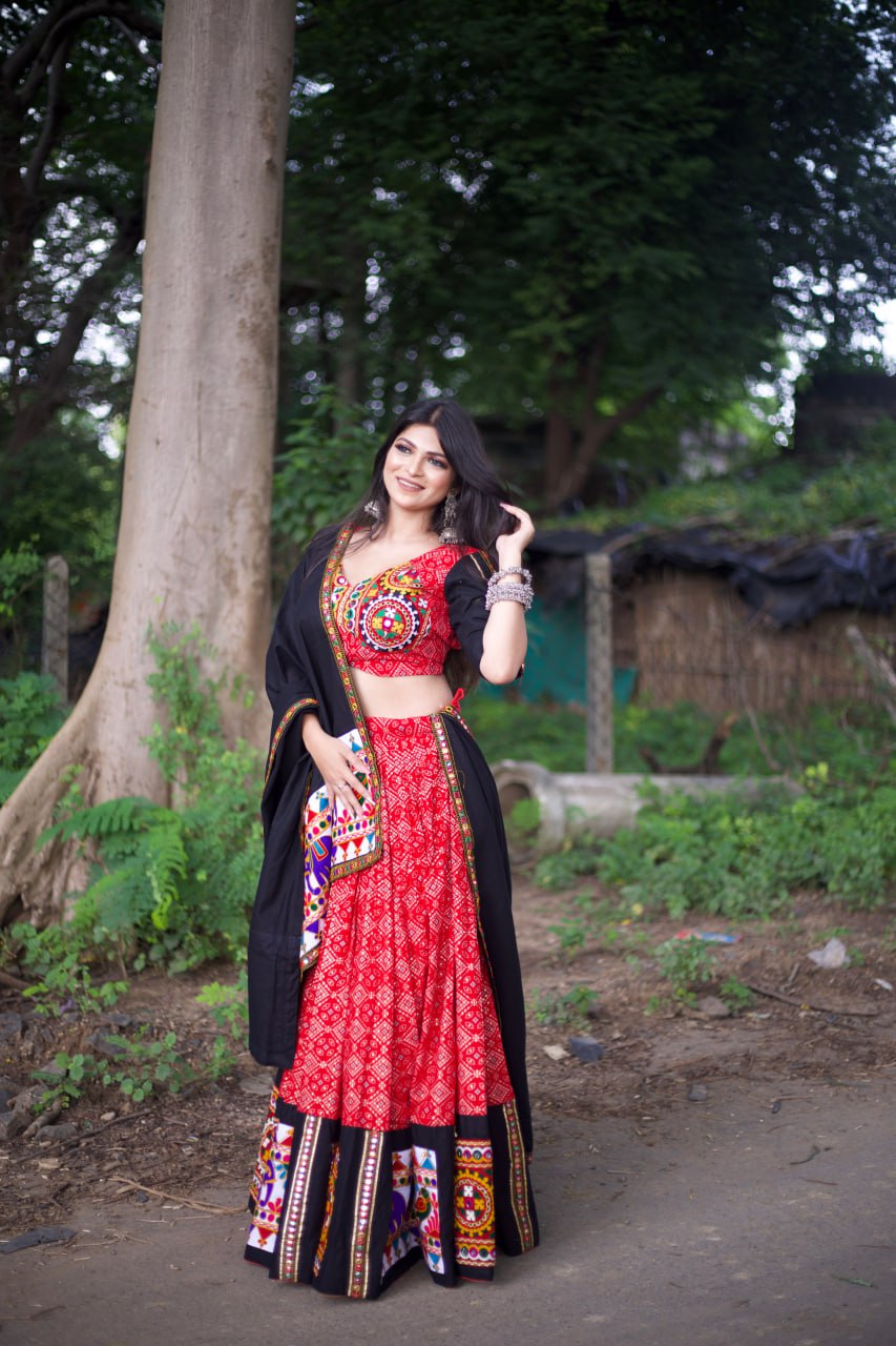 Red Pure Cotton Mirror work Gamthi Lehenga Choli & Dupatta
