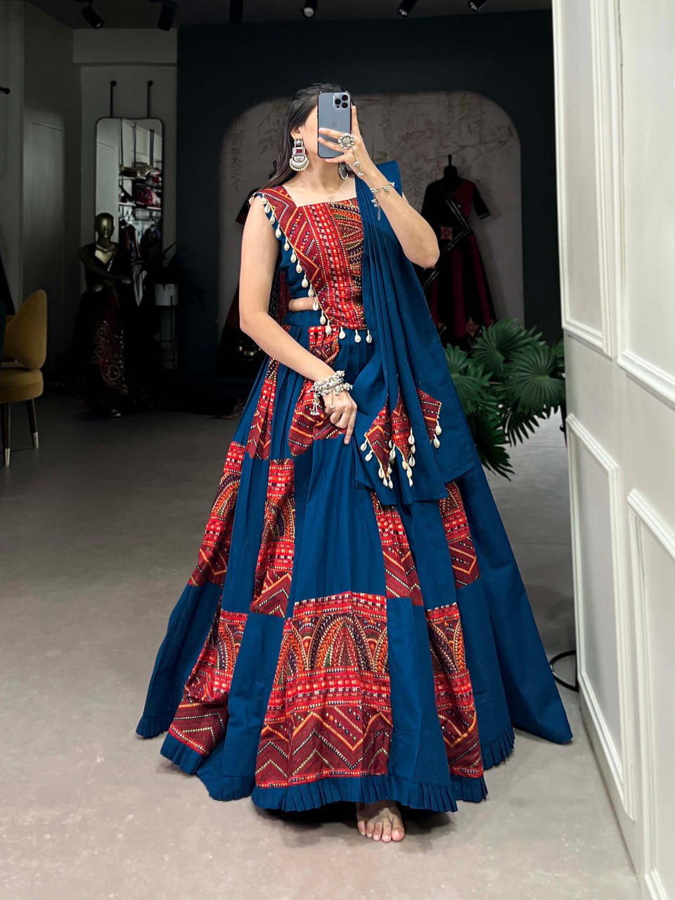 Blue Pure Cotton Printed Foil Work Navratri Lehenga Choli with Dupatta