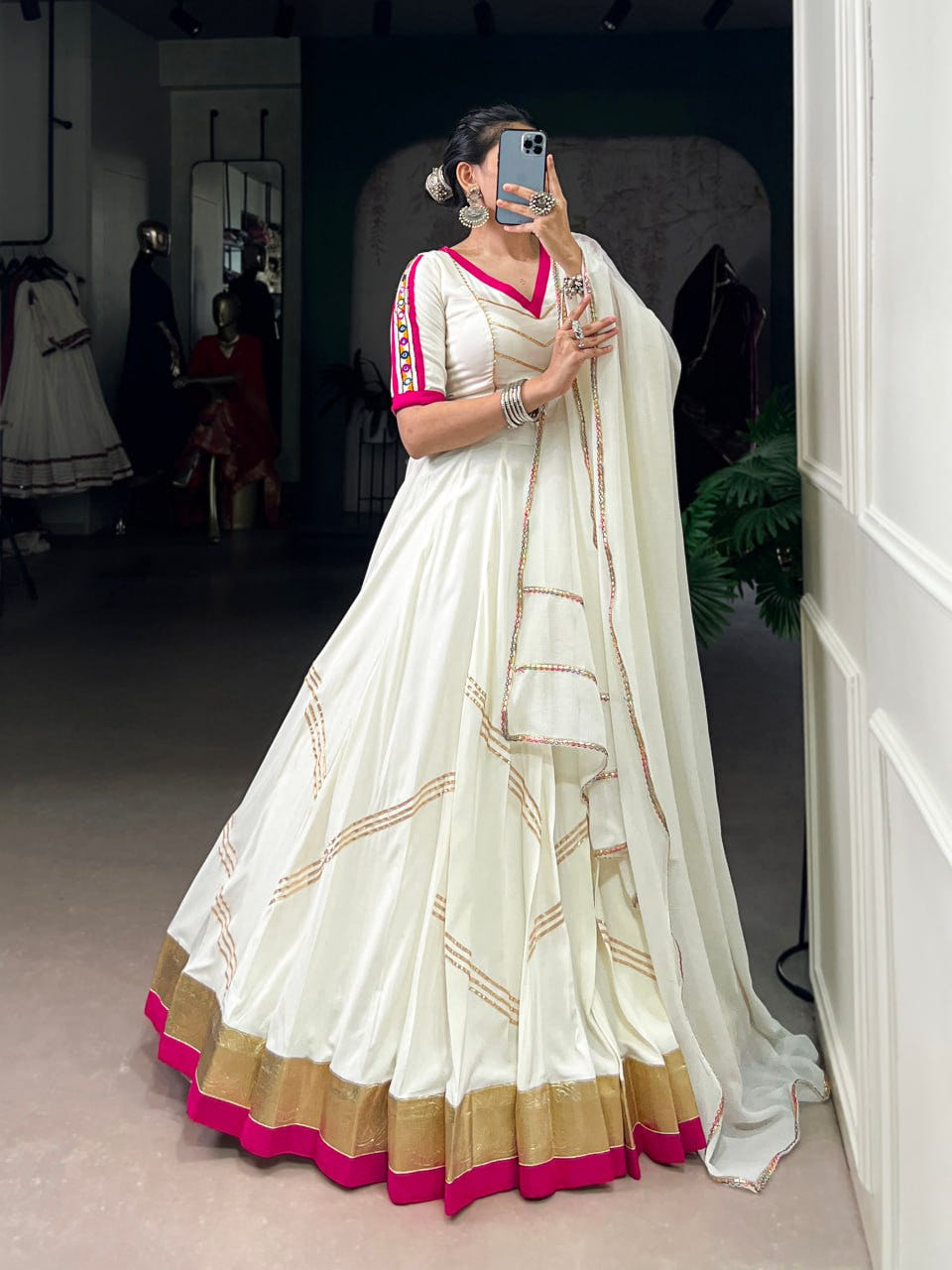 White Rayon Navratri Lehenga Choli with Mirror & Gota Patti Work
