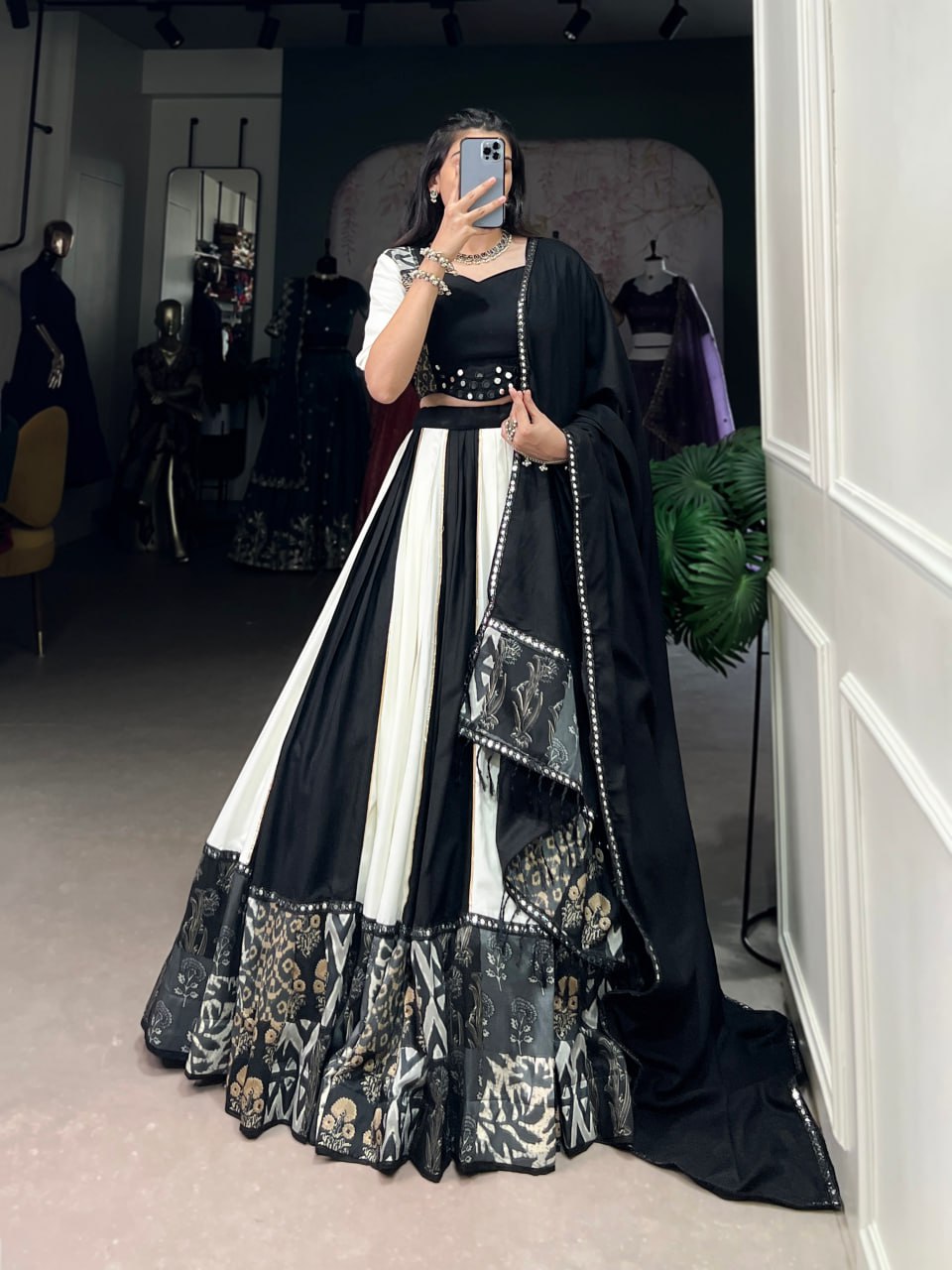 Black Rayon Printed Lehenga Choli with Mirror Work & Gota Patti