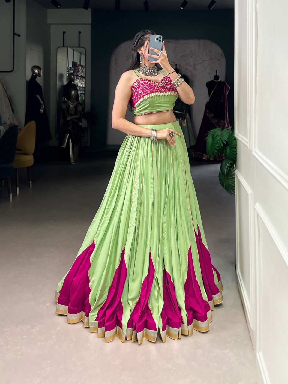 Pure Rayon Green Navratri Lehenga, Green Gamthi Work Lehenga Choli, Mirror Work Navratri Outfit, Gota Patti Blouse Lehenga Choli, Stitched Rayon Lehenga for Women, Green Traditional Navratri Chaniya Choli, Designer Lehenga Choli 2025, Festival Wear Lehenga for Garba, Cowrie Lace Work Lehenga Choli, Women’s Ethnic Wear for Navratri