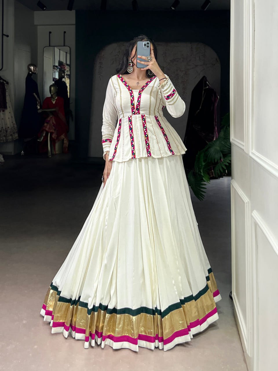 Rayon Designer White Mirror Gamthi Work Chaniya Choli for Navratri
