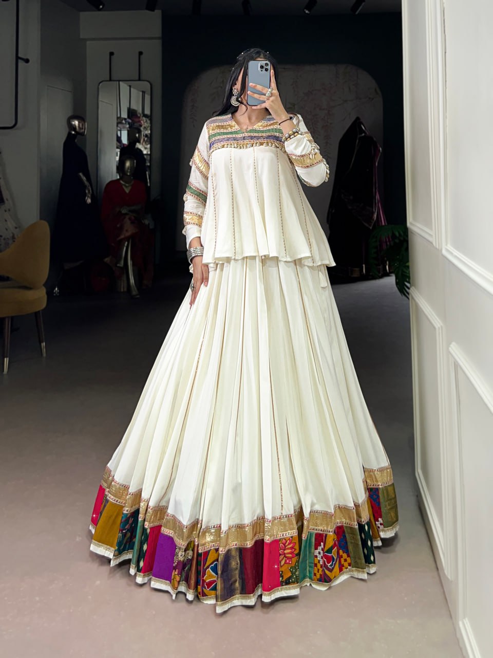 Pure Rayon Navratri Lehenga, Multi Patch Work Lehenga Choli, Gota Patti Lace Festival Wear, Rayon Stitched Lehenga Choli Set, Traditional Chaniya Choli for Women, Designer Navratri Outfit 2025, Cowrie Work Blouse Lehenga Choli, Ethnic Wear Lehenga Online, Women’s Garba Outfit for Festivals