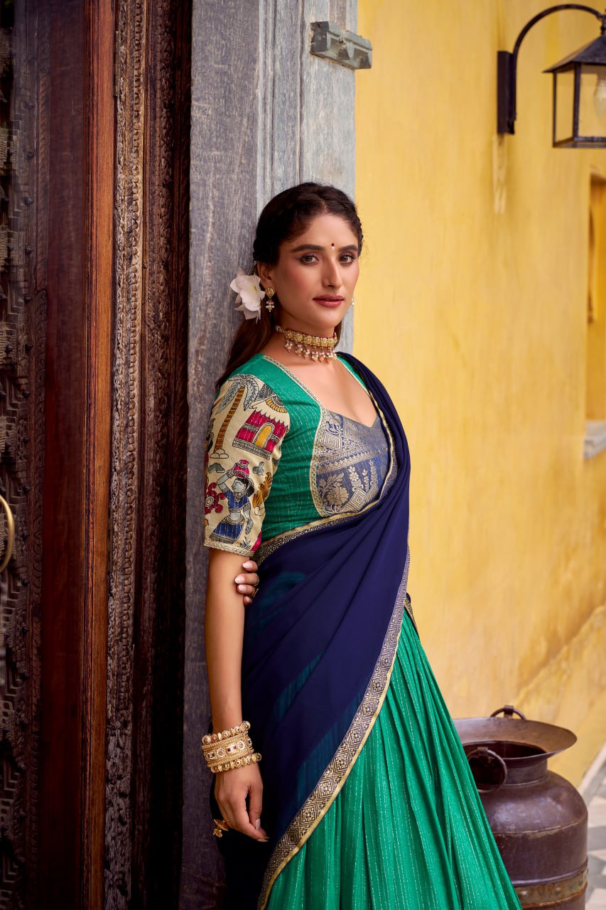 Bottle Green Poly Kalamkari Printed Chanderi Lehenga Choli