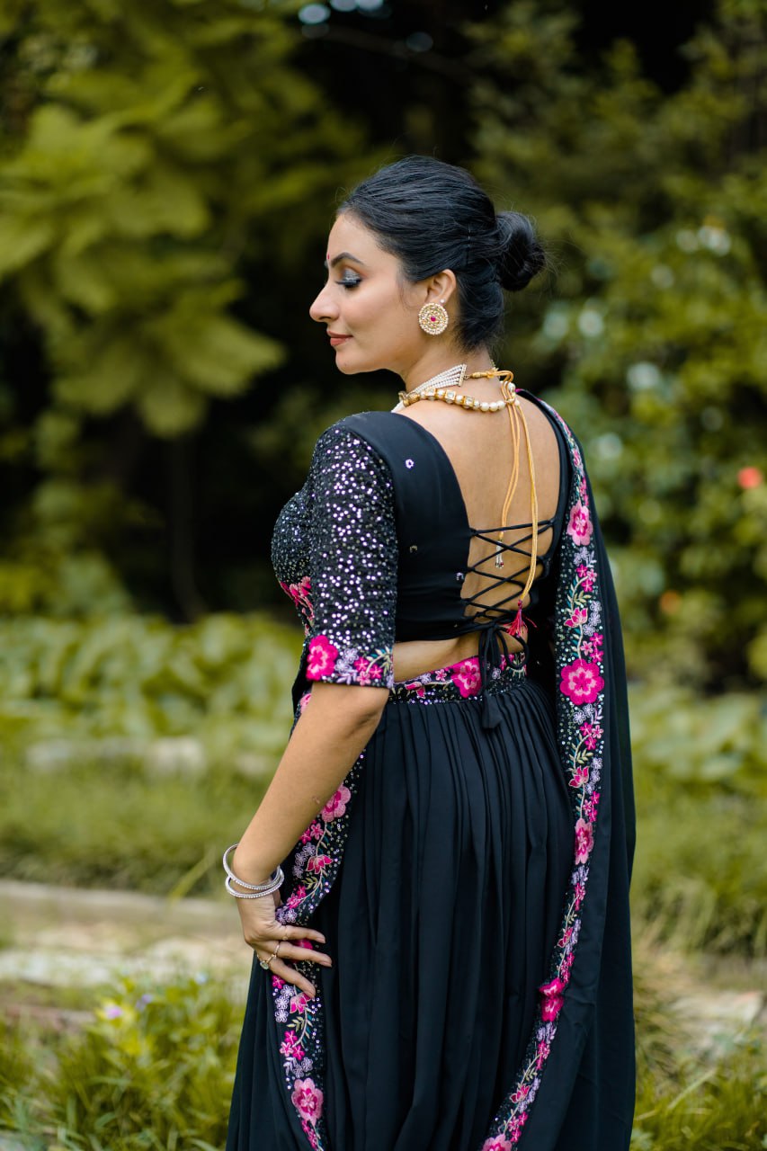 Black Georgette Lehenga Choli with Sequins & Thread Embroidery