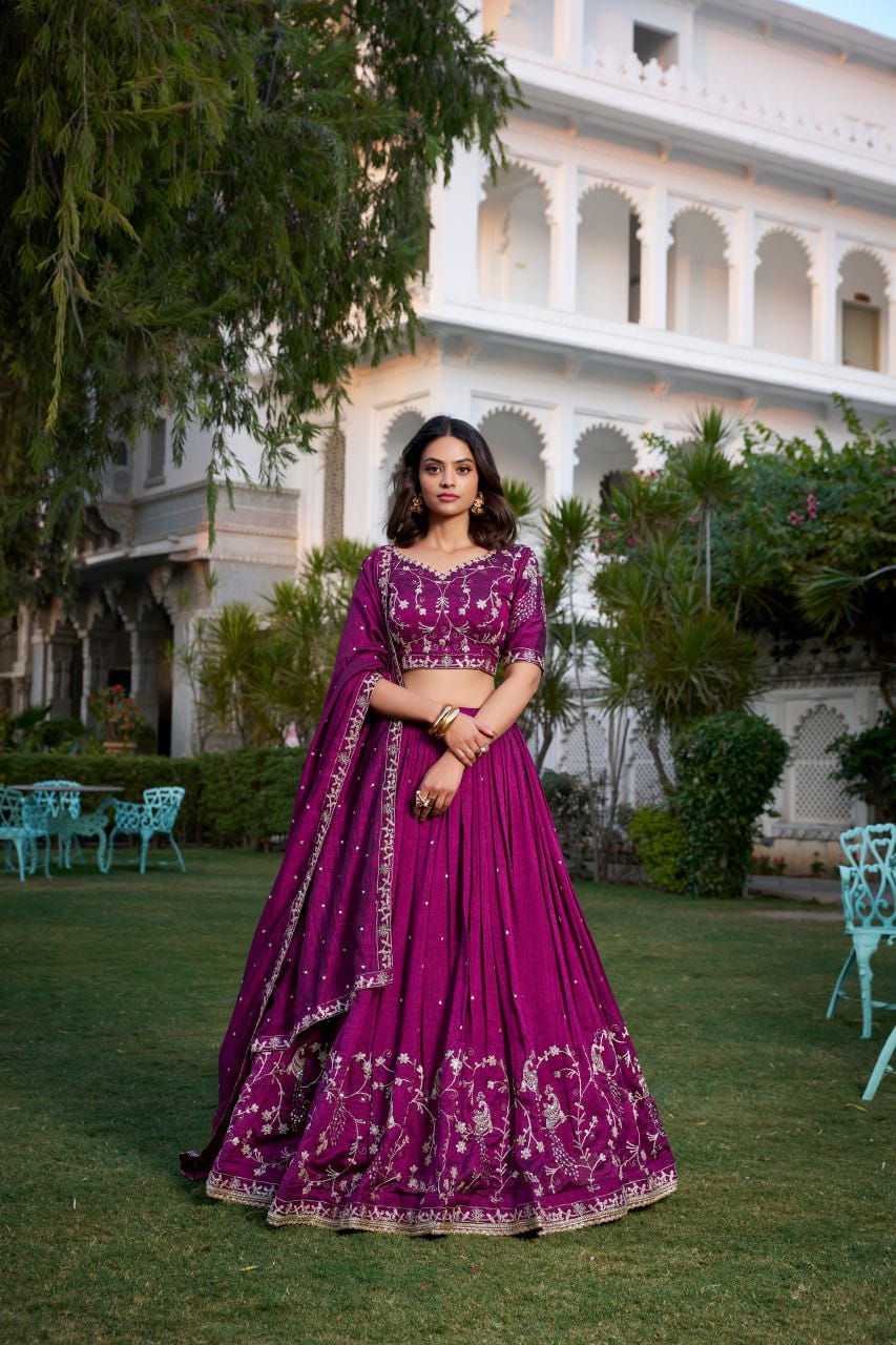 Wine Vichitra Silk Lehenga Choli with Sequins & Thread Embroidery