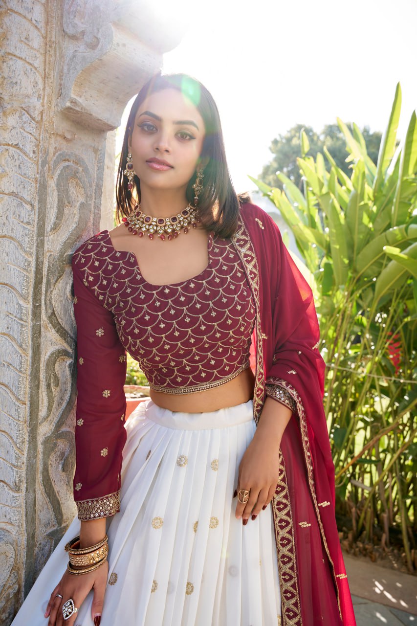 White Maroon Georgette Bridesmaid Lehenga Choli with Sequins