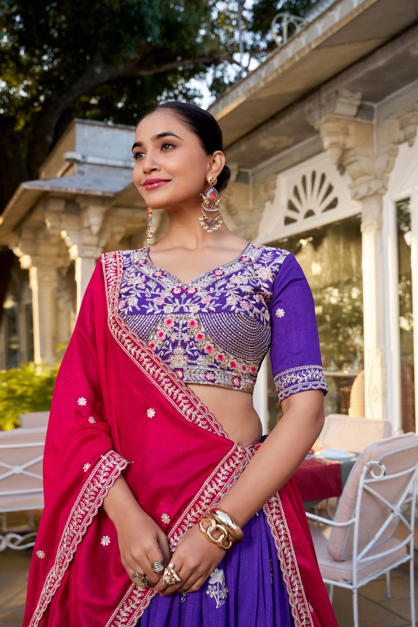 Purple Vichitra Silk Bridesmaid Lehenga Choli with Sequins & Thread Embroidery