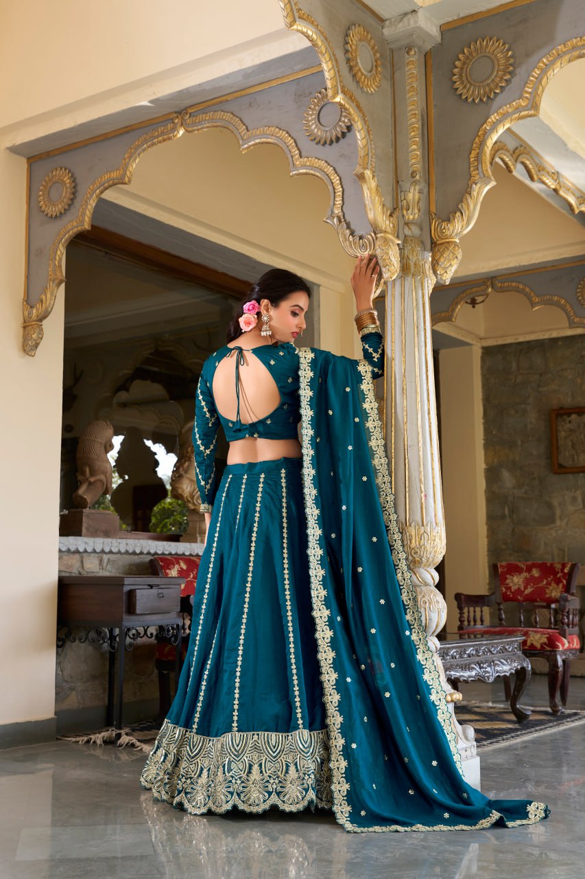 Teal Firozi Vichitra Silk Wedding Lehenga Choli with Sequins