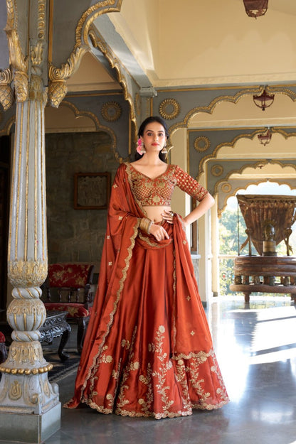 Designer Rust Rangoli Silk Bridal Party Wear Lehenga Choli