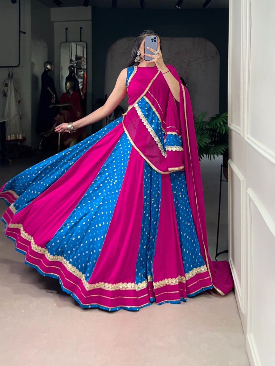 Magenta & Blue Bandhani Chaniya Choli for Navratri in Tasar Silk with Lace Detail
