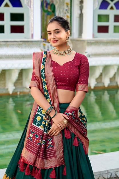Tussar Silk Traditional Dark Green Patola Print Chaniya Choli for Navratri with Foil Work & Gotta Patti Dupatta