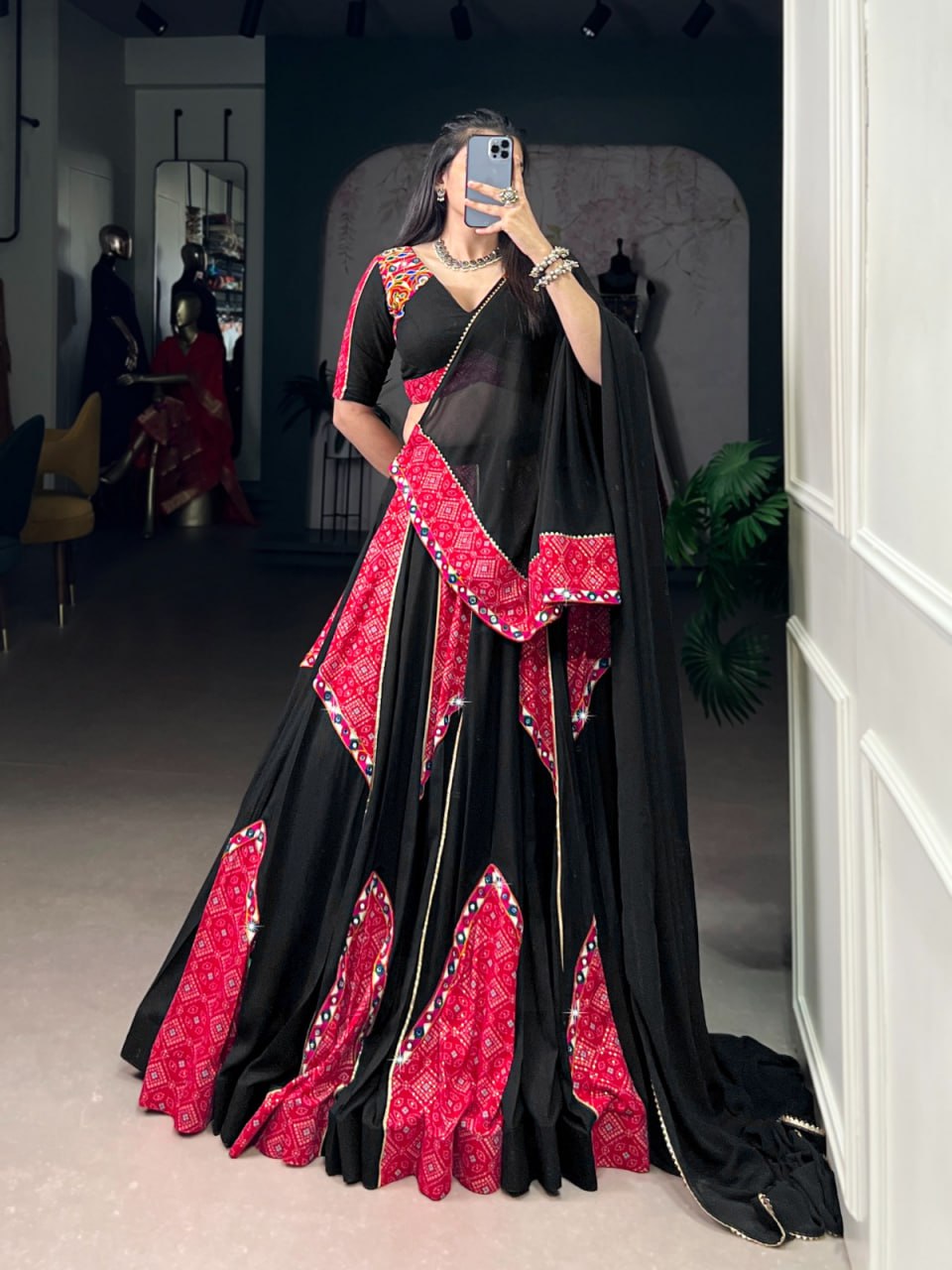 Black & Red Bandhej Chaniya Choli for Navratri with Mirror Gamthi & Gotta Patti