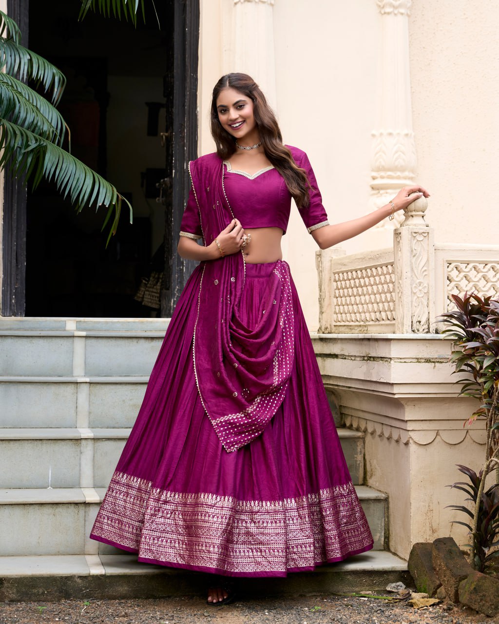 Pure Chanderi Dark Pink Chaniya Choli for Navratri with Zari Weaving Border & Sequins Dupatta