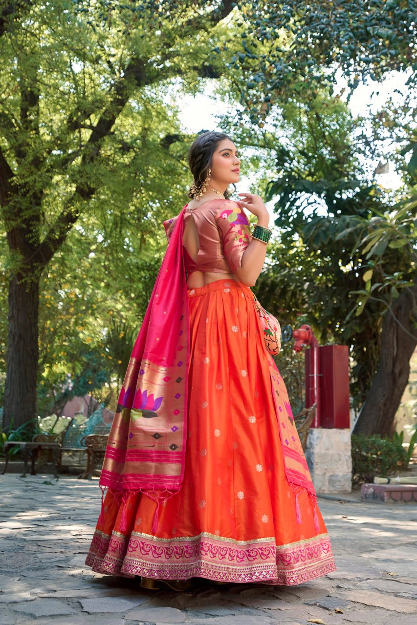 Orange Heritage Paithani Lehenga Choli with Zari Weaving Work