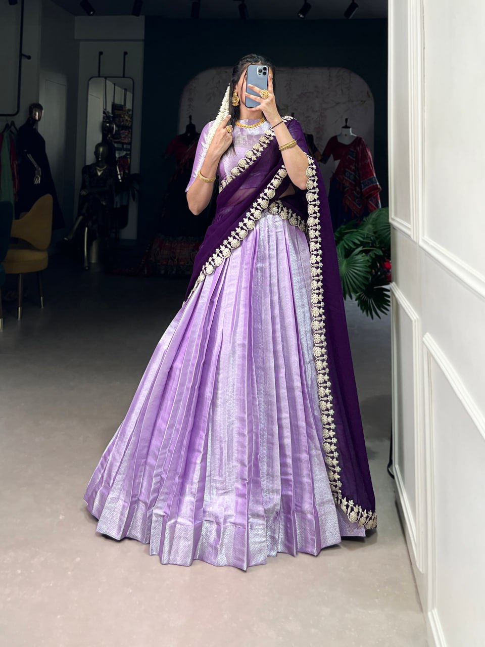 Festive Lavender Lehenga Choli with Weaving Work & Georgette Embroidered Dupatta