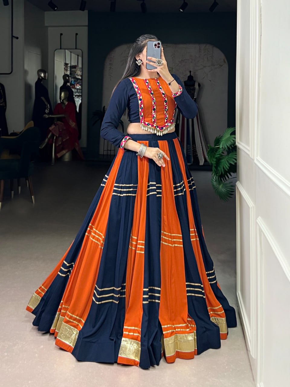 Pure Rayon Mirror Gamthi Work Chaniya Choli for Navratri & Gota Patti Lace