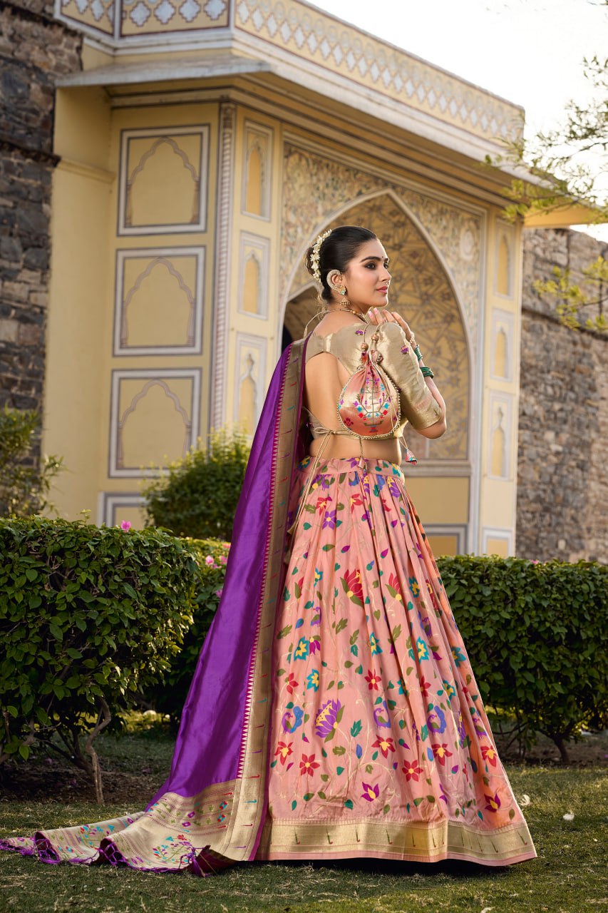 Peach Paithani Lehenga Choli with Zari Weaving Work, Dupatta & Batwa