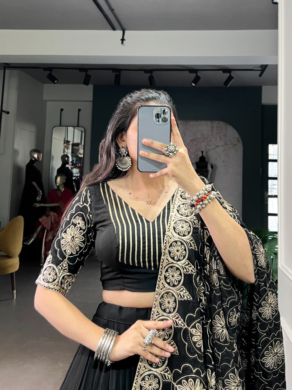 Black Rayon Chaniya Choli for Navratri with Golden Embroidery