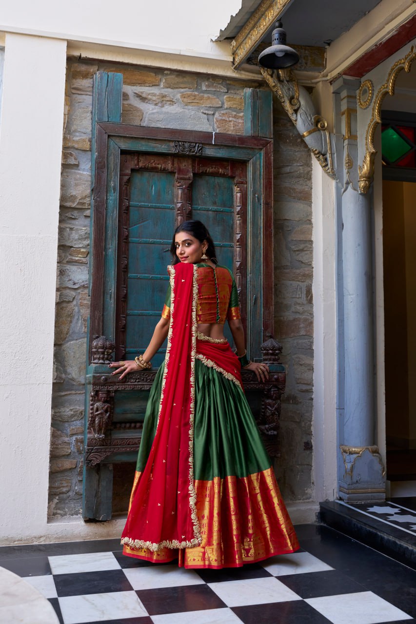 Designer Dark Green Lehenga Choli with Zari Weaving & Dupatta