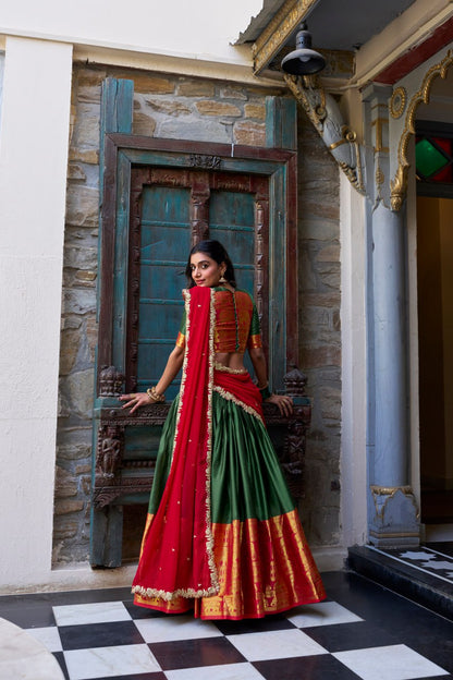 Designer Dark Green Lehenga Choli with Zari Weaving & Dupatta