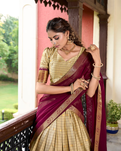 Brown Cotton Silk Paithani Bridesmaid Lehenga Choli with Weaving Work & Dupatta