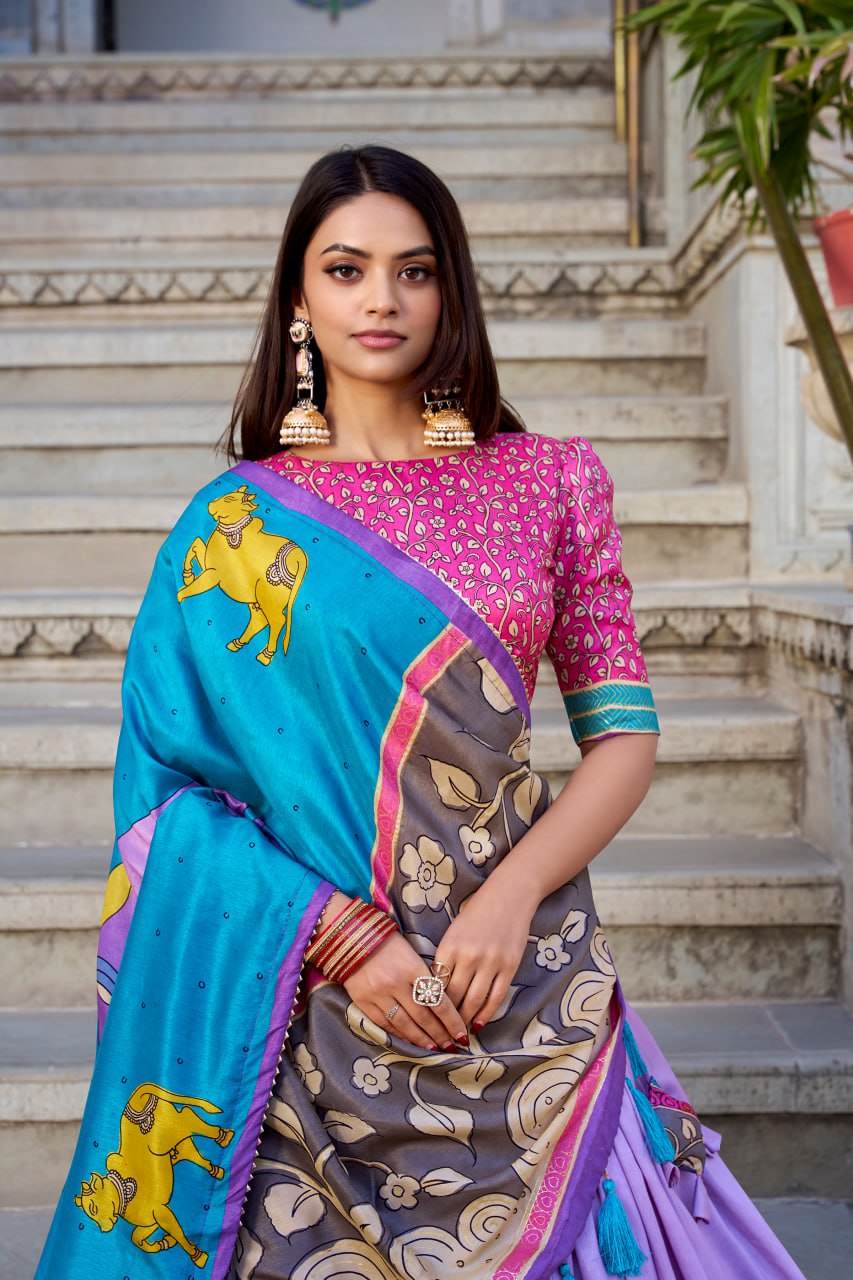 Turquoise Blue & Purple Kalamkari Lehenga Choli with Foil Work & Gota Patti Dupatta