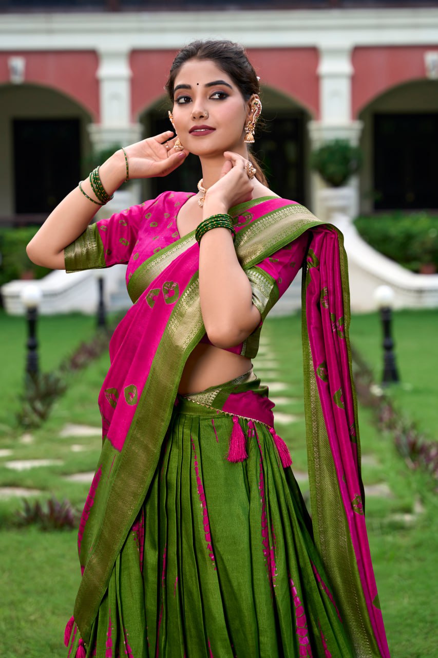 Pink Shibori Print Lehenga Choli with Zari Weaving Border & Tassel Dupatta