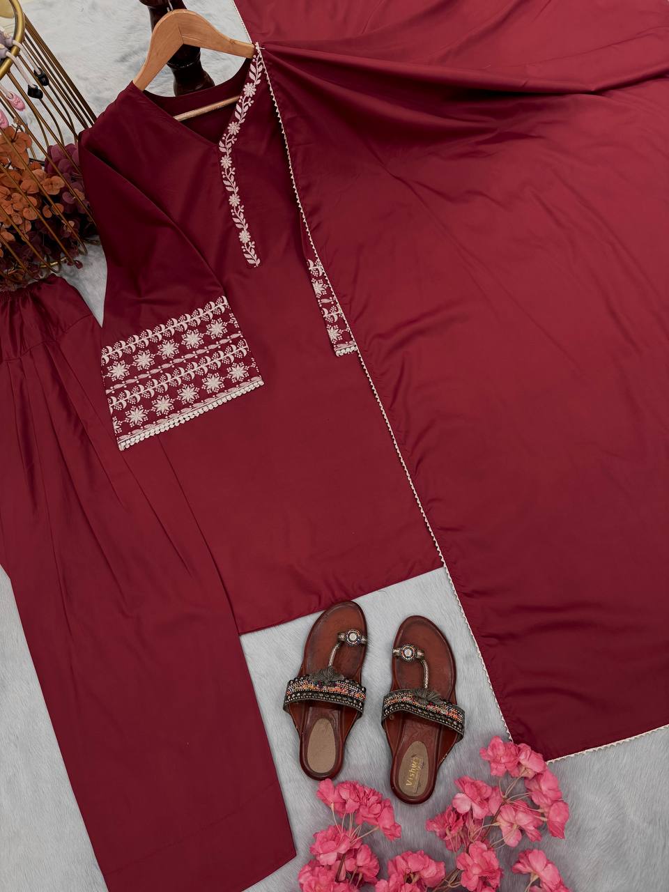 Maroon Designer Natural Satin Farshi Plazzo and Dupatta For Party Wear
