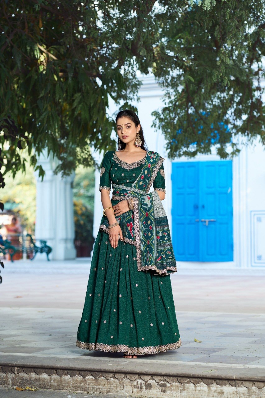 Deep Green Vichitra Silk Work Lehenga Choli with Ikkat Printed Dupatta