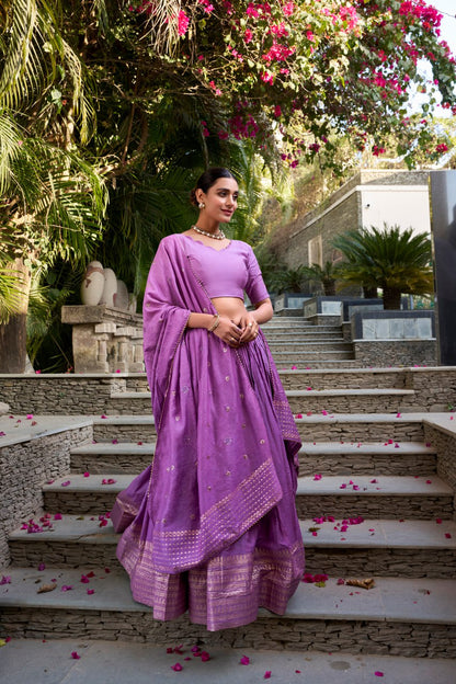 Pure Chanderi Lavender Chaniya Choli for Navratri with Zari Weaving Border & Sequins Dupatta