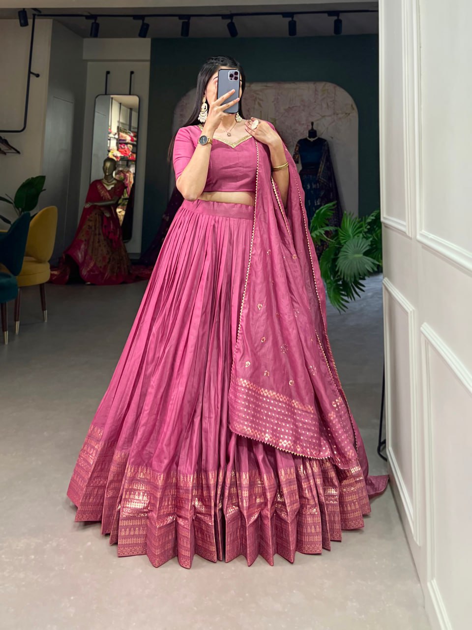 Pure Chanderi Pink Chaniya Choli for Navratri with Zari Weaving Border & Sequins Dupatta