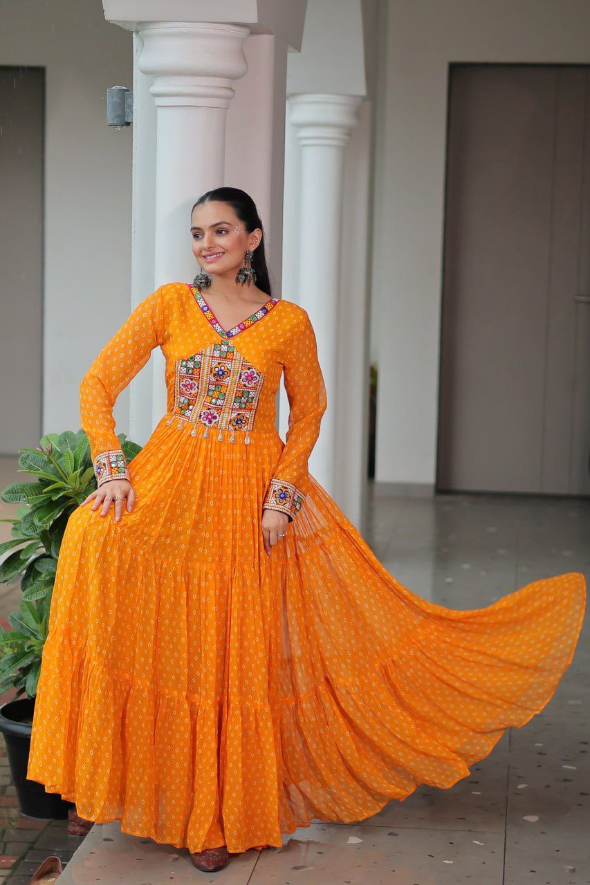 Bandhani Print Kutchi Work Navratri Gown