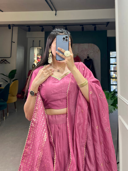 Pure Chanderi Pink Chaniya Choli for Navratri with Zari Weaving Border & Sequins Dupatta