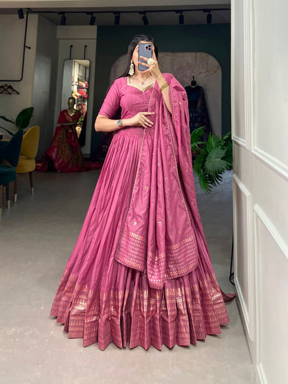Pure Chanderi Pink Chaniya Choli for Navratri with Zari Weaving Border & Sequins Dupatta