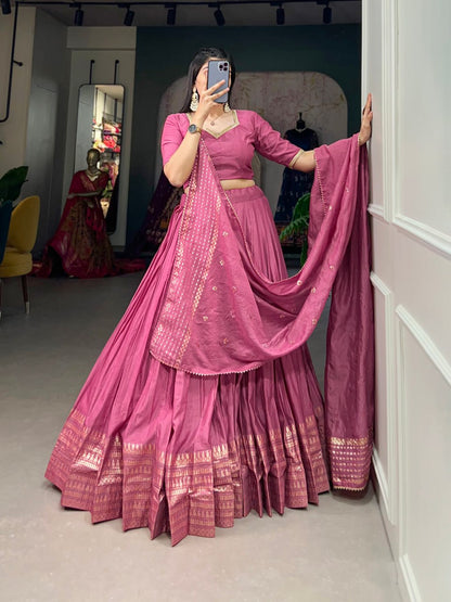 Pure Chanderi Pink Chaniya Choli for Navratri with Zari Weaving Border & Sequins Dupatta