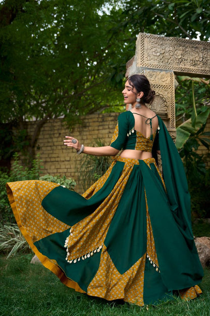 Cotton Chaniya Choli, Navratri Lehenga 2025, Mustard Green Lehenga, Cowrie Lace Choli, Printed Cotton Lehenga, Gota Patti Choli, Traditional Indian Wear, Dandiya Night Outfit, Festive Cotton Lehenga, Kodi Work Chaniya Choli