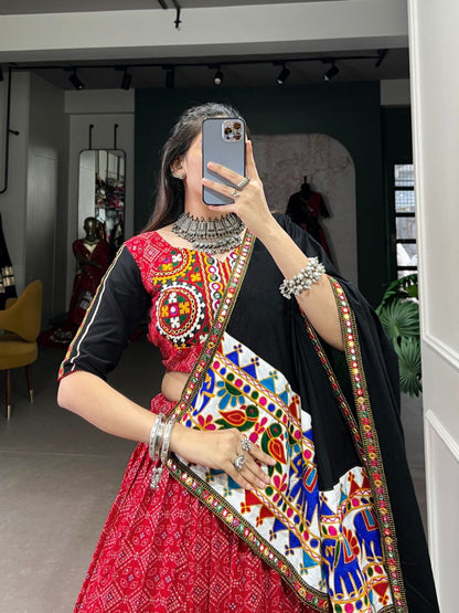 Red & Black Gamthi Work Lehenga, Mirror Work Choli, Cotton Navratri Lehenga, Navratri Lehenga 2025, Garba Outfit for Women, Printed Cotton Chaniya Choli, Traditional Indian Wear, Mirror Embroidery Dress, Dandiya Night Look, Festive Chaniya Choli