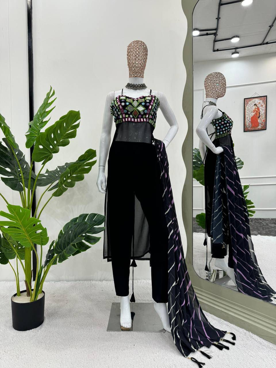 Faux Georgette Mirror Work Top Set with Printed Dupatta